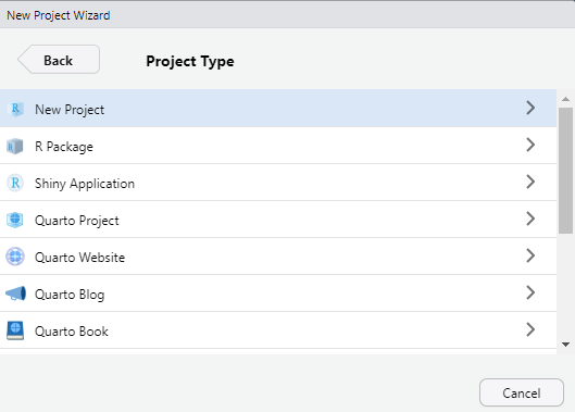 Image of New Project Wizard in RStudio where students should select New Project