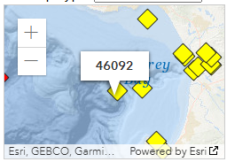 A topographical map of the Monterey Bay, CA region with the buoy 46092 indicated near the Monterey Bay Cayon outer edge.