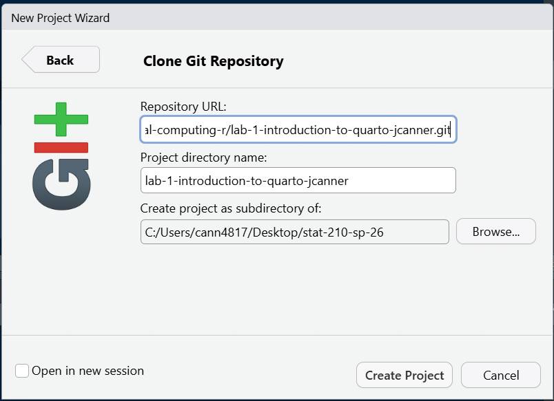 Clone Git Repository Screen in RStudio where you paste the link under Repository URL.